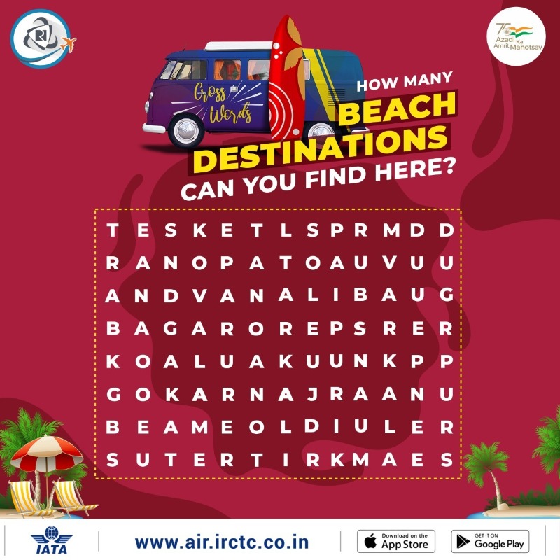 IRCTCofficial's tweet photo. There are 8 #beach destinations hidden in the #crossword. #Guess &amp; share their names in the comments section👇. And to #book #flights to any of these places, visit https://t.co/fLKvfBMuK7. #Avail #special #DefenceFares, #LTC fares, multicity #tickets at no extra cost &amp; more