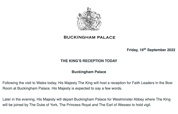 RoyalCentral's tweet photo. BUCKINGHAM PALACE:

This afternoon, The King will host a reception for Faith Leaders in the Bow Room at Buckingham Palace.
 
Later in the evening, The King will be joined by The Duke of York, The Princess Royal and The Earl of Wessex to hold vigil. https://t.co/xkwa5TOdml