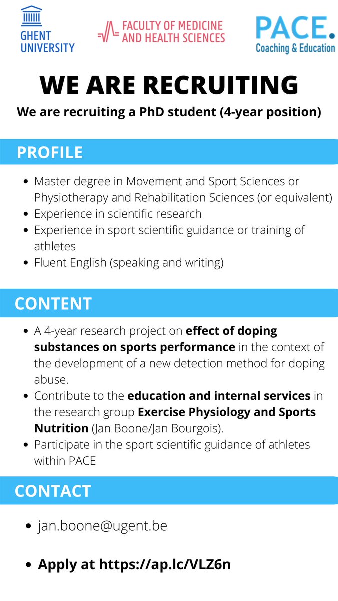 Cool PhD opportunity combining exercise physiology and antidoping research in a great work environment and lovely city!
Application deadline: 17/10
Link: ap.lc/VLZ6n