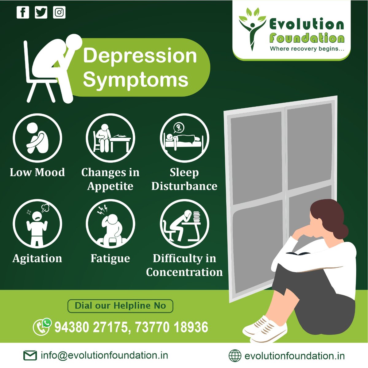 EvolutionFound2's tweet photo. There may be several reasons for #depression and the symptoms can vary from person to person.

These are some of the most common #symptoms you can find in a depressed person.

Help us to help you!

✆ +91 9438027175 / 7377018936
🌐 https://t.co/SH61qCJTVi

#evolutionfoundation https://t.co/H9HUlssgW3