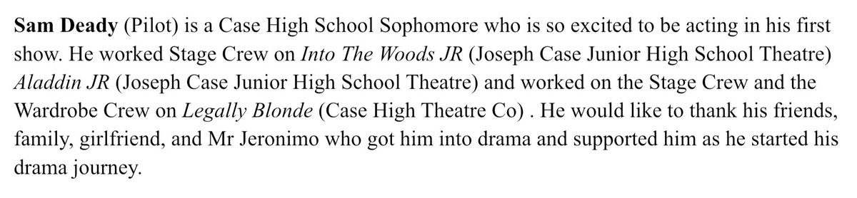 MrJeronimo_Case's tweet photo. Come see @case_theatre musical theatre student, SAM DEADY as Pilot in THE LITTLE MERMAID! 

Friday, October 14th @ 7:30
Saturday, October 15th @ 2 &amp; 7:30
Sunday, October 16th @ 2 &amp; 7:30

#CasePride 

You can purchase at:

https://t.co/NGjNP1FJhu

@JosephCaseHS https://t.co/227BWzLsi3