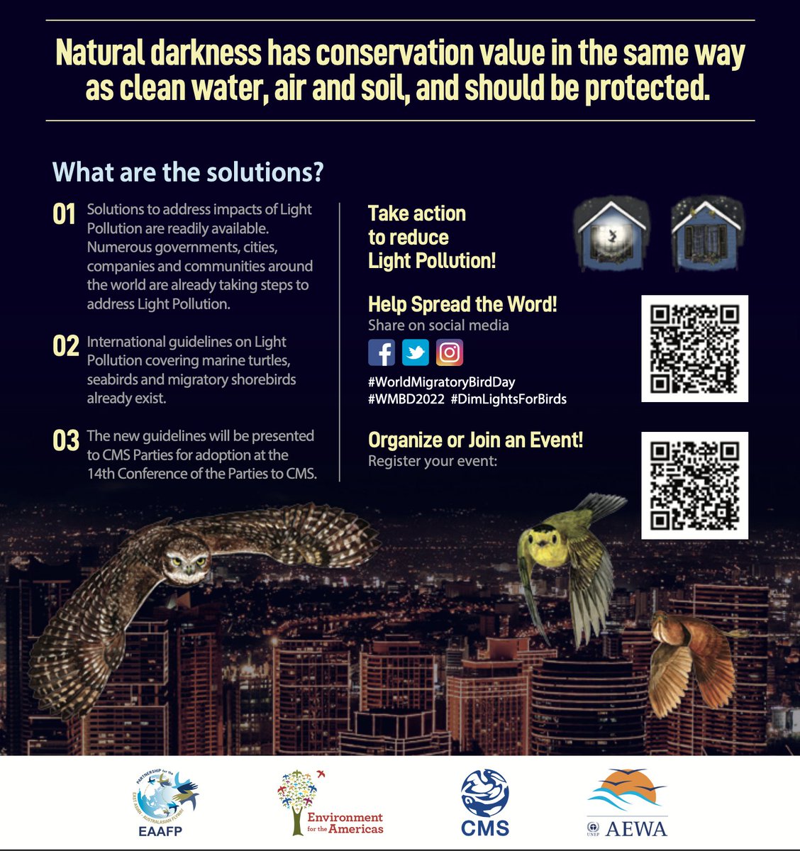 💡 #LightPollution is increasing globally by at least 2% each year, posing a serious threat to migratory birds.

➡️ Find out about the types of light pollution, how it impacts both birds and people, and the solutions that are available with this factsheet developed by the @eaafp.