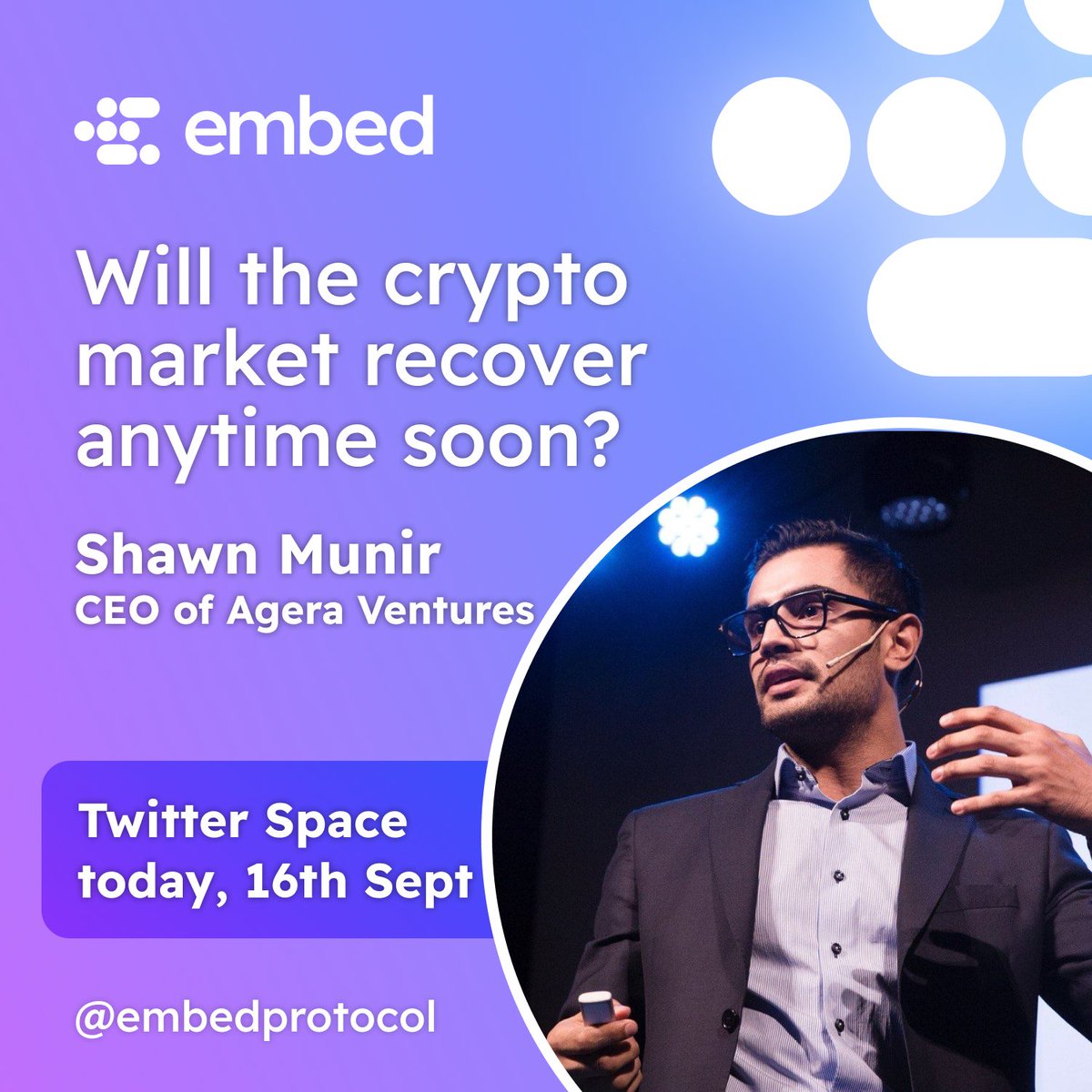 Embed Space Series 🎙️ Join our Twitter Space today at 3pm UTC with @munirshawn founder and CEO of Agera Ventures speaking about the Ethereum merge and what to expect next in the crypto market! 🔔Set A Reminder here 👇👇👇 twitter.com/i/spaces/1MYxN…