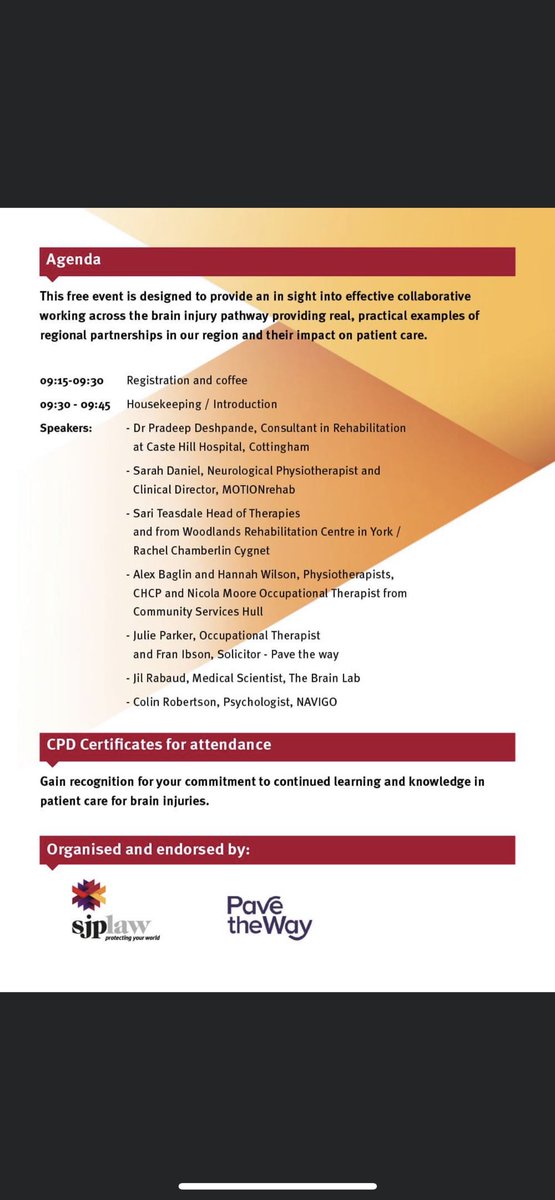 sjplawinjury's tweet photo. The event will be held in the Byron room at Hull University on Tuesday 1 November 2022 at 9.15am. The event is aimed at clinicians and therapists in this field. #cpd #cpdday #learning #learninganddevelopment #seriousinjury #solicitors #lawfirm #braininjury #stroke #neurorehab https://t.co/BSe5sjA9bW