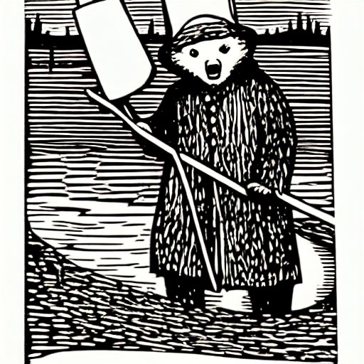 Woodcut of Paddington Bear as Charon, the ferryman of the dead
