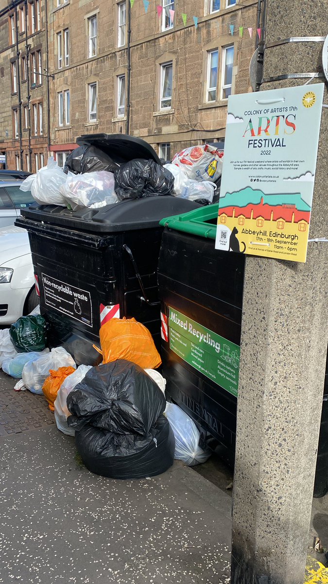 audanderson1's tweet photo. @Edinburgh_CC Rossie Place this morning . What a disgrace , our bins not emptied yet other surrounding streets have been completed. What’s worse is a wonderful festival this weekend potentially harmed due to the amount of overflowing rubbish on the streets . https://t.co/fXY3tdFWAk