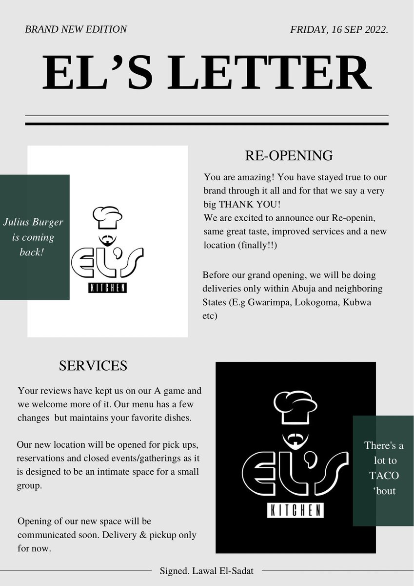 ElsKitchen_ng's tweet photo. There's a lot to taco’ bout, but first, a very big THANK YOU!! to everyone who waited and kept pushing the brand. 

Keep up the excitement 🎉🎉 don't forget to order from the pastry menu for pick up or delivery.❤️

#elskitchenng #foodlovershaven #newsletter #reopening #cafe https://t.co/rMOfV9rU0e