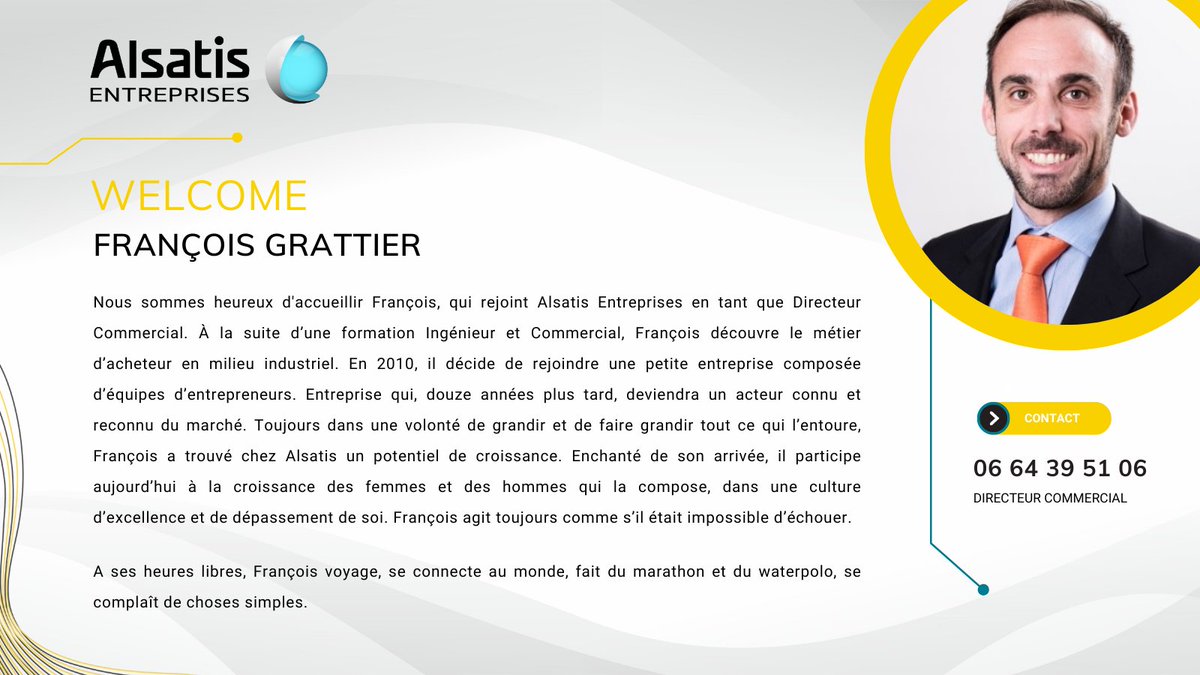 Alsatis_B2B's tweet photo. Alsatis Entreprises s'agrandit encore et encore ✨

C'est avec joie que nous vous présentons François Grattier, nouveau Directeur Commercial !

Nous te souhaitons la bienvenue dans la famille Alsatis.
Prêt à vivre une belle aventure ? 😉

#alsanews #telecom #numerique https://t.co/HVIASdvbuH