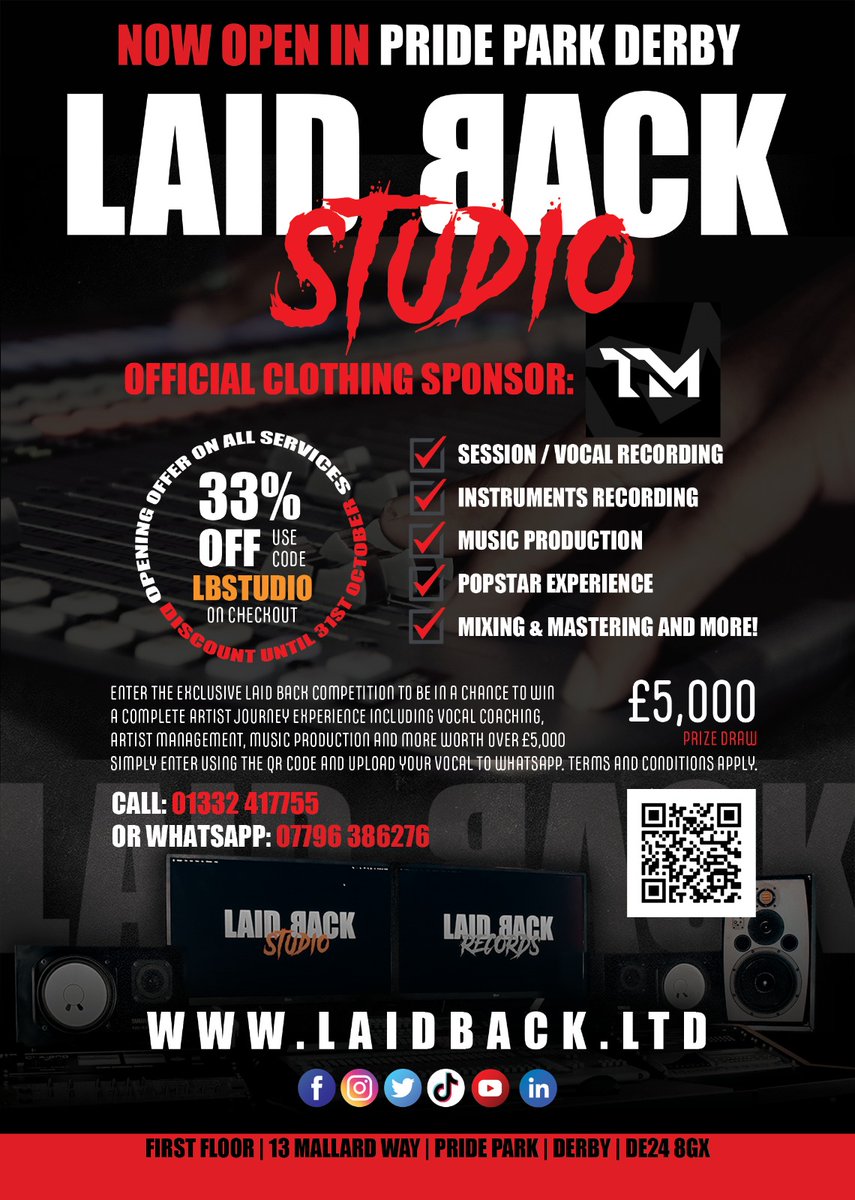 LaidBackLtd's tweet photo. Laid Back Studios, now open in Pride Park, Derby.🎛️

Get 33% off your booking by using the code LBSTUDIO on checkout. Visit our online booking site at https://t.co/X5kIGXlGsn to book your session today!
⁠
#music #recordingstudio https://t.co/iz62P38z2e