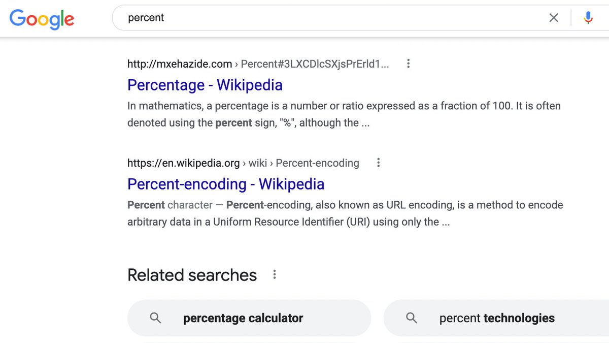 jfozonx's tweet photo. @google @searchliaison @dannysullivan Been seeing some strange behaviour in Verbatim mode. Spammy domains using Wikipedia content making it to the 1st page of results &amp; outranking Wikipedia.

For example, "percent" in Verbatim yields mxehazide(dot)com. Leads to a 404 page, too. https://t.co/ag6xjtECRz