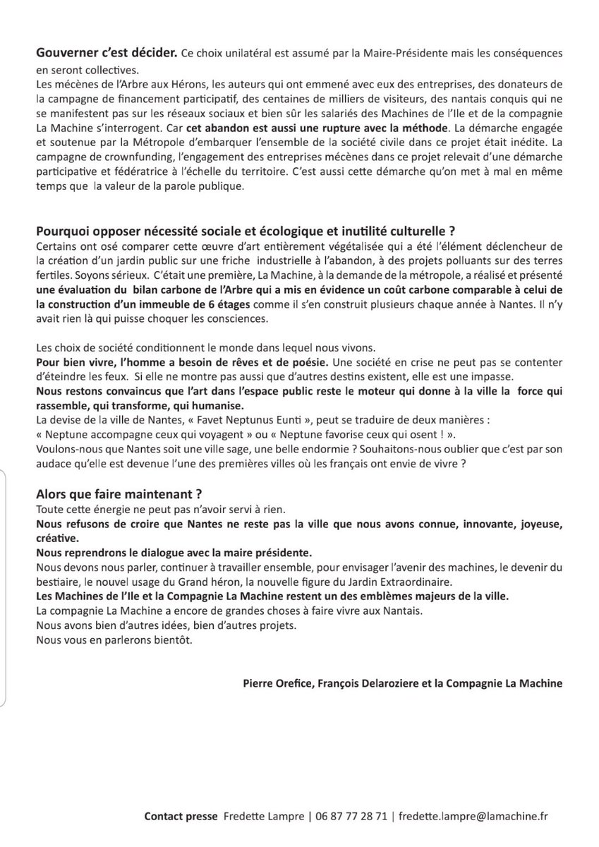 Compagnie La Machine (@lamachinefr) on Twitter photo L'Arbre aux Hérons, l'œuvre inachevée ? Les auteurs de l'#ArbreAuxHérons et la compagnie <a href="/lamachinefr/">Compagnie La Machine</a> expriment aujourd'hui leur tristesse et leur incompréhension face à l'abandon brutal de cette aventure collective.
#nantes #culture #artsderue #arbreauxherons #espacepublic L'Arbre aux Hérons, l'œuvre inachevée ? Les auteurs de l'#ArbreAuxHérons et la compagnie <a href="/lamachinefr/">Compagnie La Machine</a> expriment aujourd'hui leur tristesse et leur incompréhension face à l'abandon brutal de cette aventure collective.
#nantes #culture #artsderue #arbreauxherons #espacepublic
