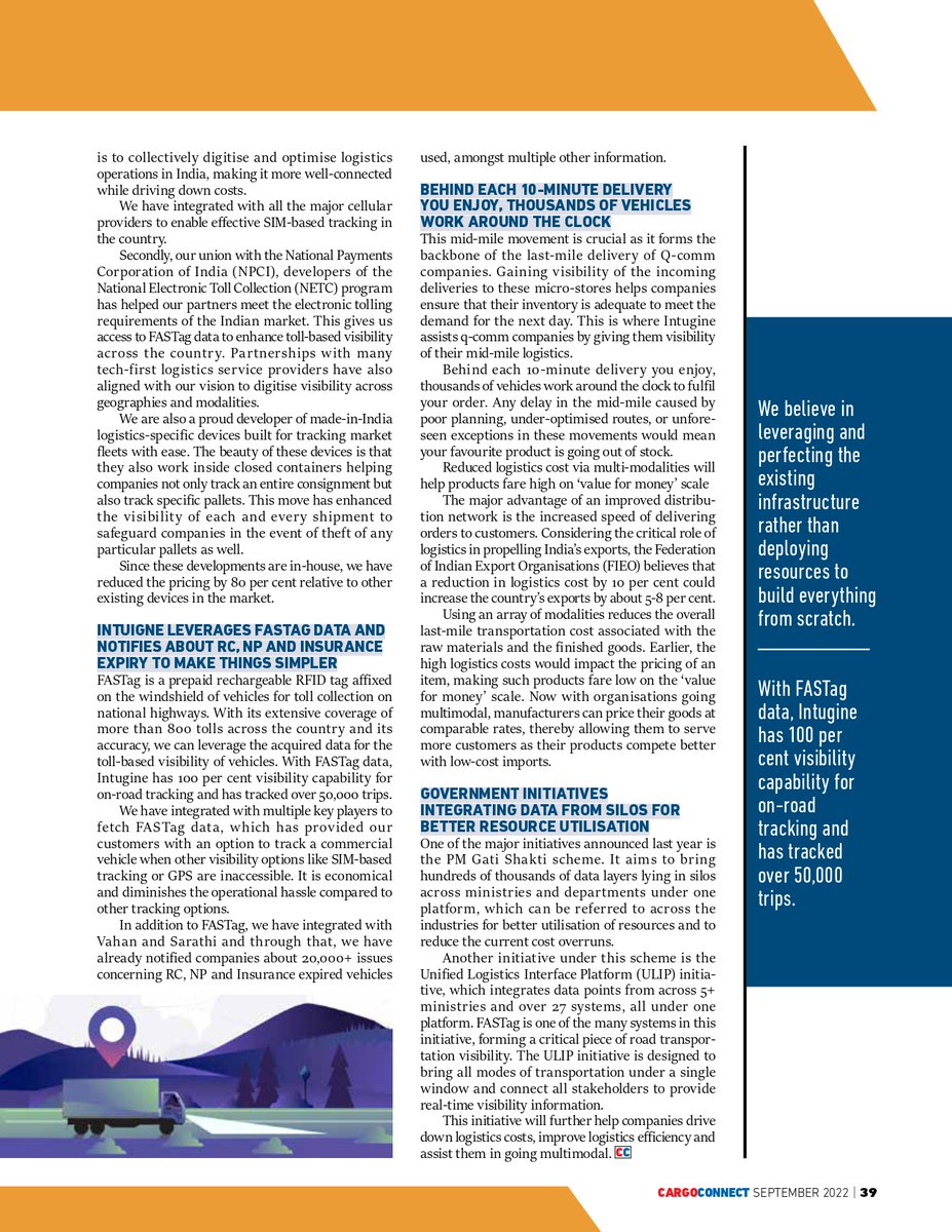 Intugine's tweet image. In the latest edition of CARGOCONNECT, Harshit Shrivastava, our CEO and Co-founder, got the opportunity to talk about Intugine’s multimodal visibility solution and its FASTag integration. Check out the whole story below

#multimodalvisibility #fastag #coverstory #Intugine