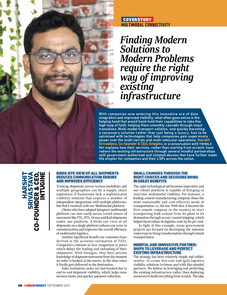 Intugine's tweet image. In the latest edition of CARGOCONNECT, Harshit Shrivastava, our CEO and Co-founder, got the opportunity to talk about Intugine’s multimodal visibility solution and its FASTag integration. Check out the whole story below

#multimodalvisibility #fastag #coverstory #Intugine