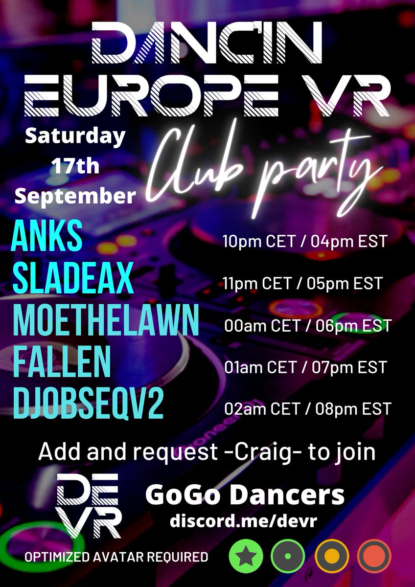 devrdance's tweet image. Saturday night, DEVR is organizing a Club Party with an exquisite lineup of DJs, joined on stage by our Dancers team to celebrate our first DEVR world opening!

DJs:
@anksonscreen 
@SladeAx 
@moethelawnvr 
@F4LLENx4NGEL 
@DevaughnAllen