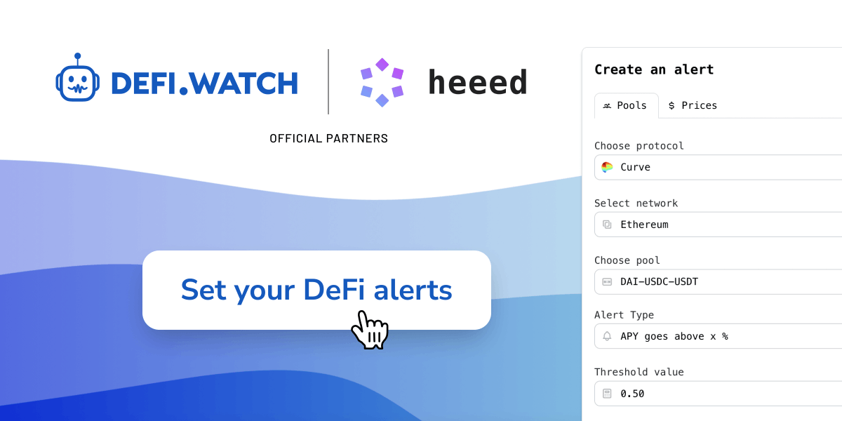 defi_watch_'s tweet photo. With @heeedio you can set up:
- alerts on APY and TVL changes.
- alerts on token price changes.
- notifications, coming directly to the tg bot.

DeFi data is backed by @defi_watch_, so you can set up alerts for your entire portfolio in a few clicks.

https://t.co/MwX0xZE3S0 https://t.co/nqUCBcELLL