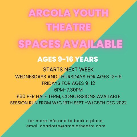 Arcola Youth Theatre has spaces available for ages 9-16. Develop performance skills &amp; put on a show. Email charlotte<a href="/arcolatheatre/">Arcola Theatre</a>.com for details. Info at arcolatheatre.com/participation/…

@arcolatheatre