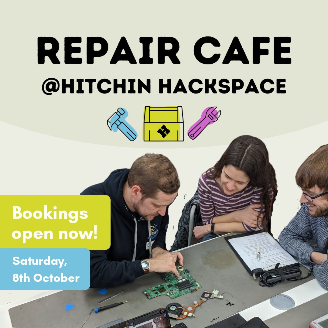 Bookings are now open for Repair Cafe @ Hitchin Hackspace on Saturday, 8th October!

Secure your place via plasticfreehitchin.wordpress.com

#repaircafe #repair #fixinghitchin <a href="/HackHitchin/">Hitchin Hackspace</a>