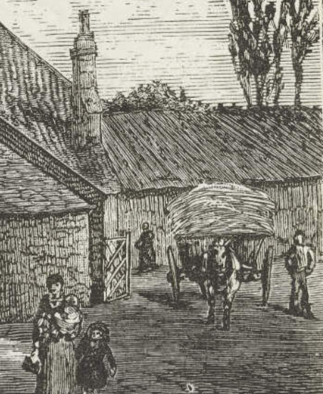 Haycart in front of a thatched byre