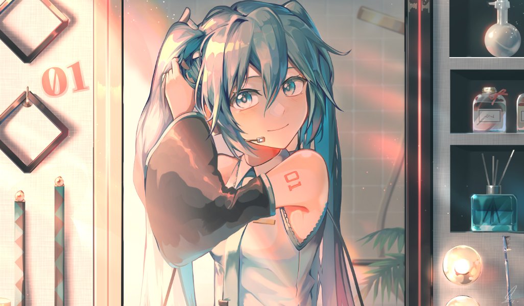 hatsune miku 1girl solo detached sleeves long hair twintails necktie headset  illustration images