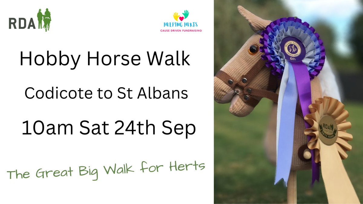 On Sat 24th Sep our County Chair will be walking her hobby horse along the #HertfordshireWay as part of <a href="/Helping_Herts/">helpingherts</a> #TheGreatBigWalkForHerts fundraising for <a href="/RDAnational/">Riding for the Disabled Association (RDA)</a> groups in #Hertfordshire