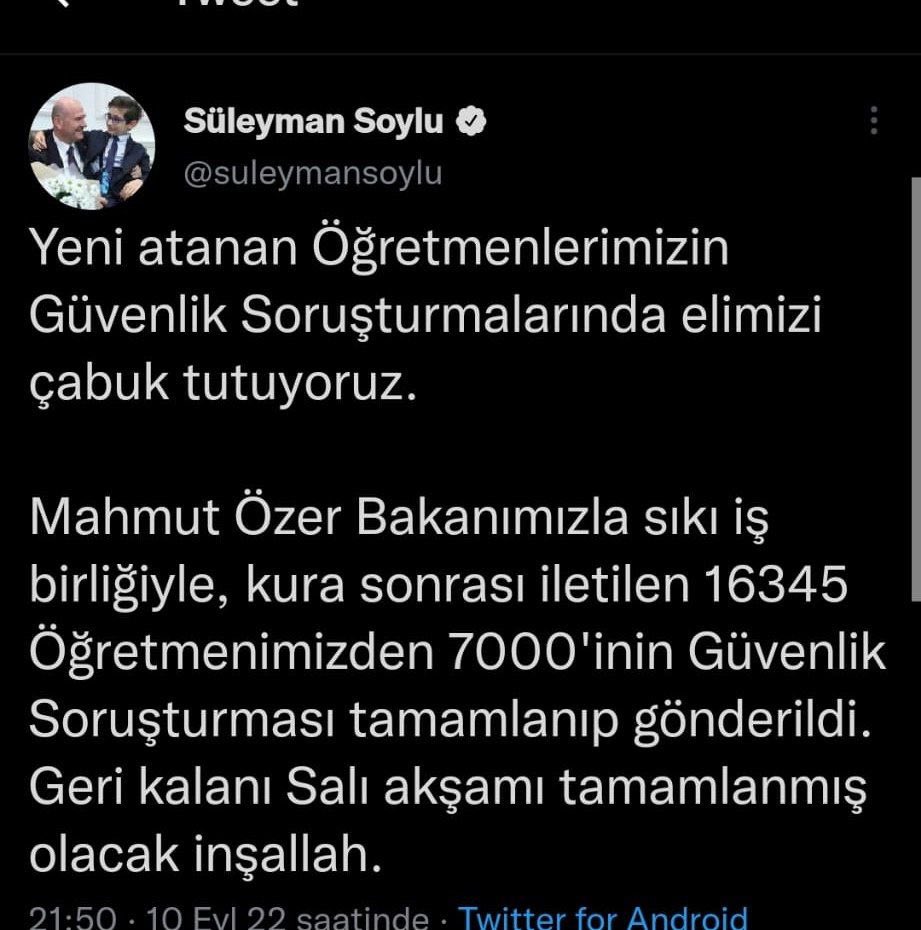 Sayın Bakanımız <a href="/suleymansoylu/">Süleyman Soylu</a> hayırlı Cumalar.
Öğretmenlerimiz size bir mesaj iletmemizi istedi. Elçiye zeval olmazmış.
Sizin güvenlik soruşturmaları İle ilgili verdiğiniz sözler ve talimatlarınız maalesef Valileriniz tarafından yerine getirilemedi
Öğretmenler göreve başlayamadı