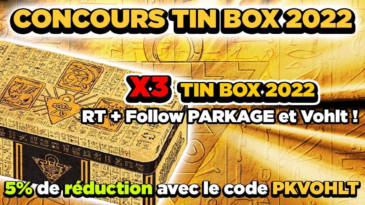 VohltOrigine's tweet photo. 🎉CONCOURS TIN BOX 2022 !

RT 🔃 + FOLLOW ❤️ @Park_age &amp; @VohltOrigine 

Pour tenter de gagner 3 tin box 2022 !! 

Profite aussi de 5% de réduction chez https://t.co/3sWpkOyoNG avec le code PKVOHLT

TAS LE 19/09/2022 https://t.co/FdkoaksqD2
