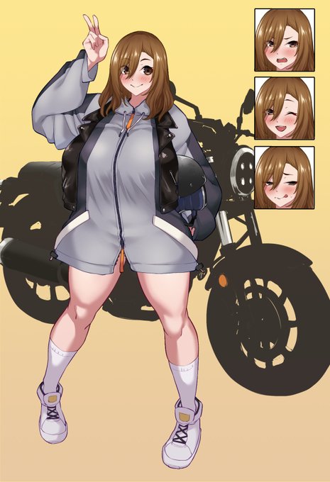 Skebのご依頼でデザインさせて頂いた依頼者さんのオリキャラ・うちの子です。現代風バイカーの女の子です、厚着を脱がせてみたらすんごいボディが出てくる感じでデザインしました。 