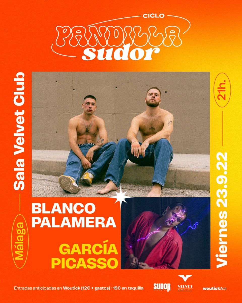 El ciclo #PandillaSudor de @sudor_mag llega este VIERNES 23 al @VelvetClubMLG de #Malaga 🧡 ¡Pilla a @BPalamera y #GarciaPicasso en directo con sus toques sonidos funk, electrónicos y de R&B! Entradas volando en ➡️ bit.ly/3QHWTu0