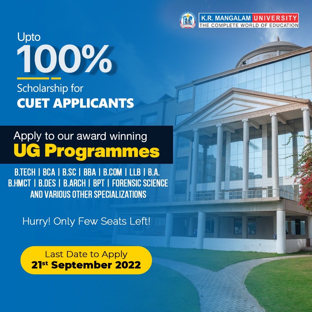 K.R. Mangalam University (@krmuniversity) on Twitter photo #krmanglamuniversity Congratulates you on your #CUET RESULT! 
Apply to Globally Acclaimed #UGProgrammes before September 21st and avail upto 100% #Scholarship. Only Few Seats Left!
Get ahead of the rush, visit admissions.krmangalam.edu.in or call: 8800697010-15
#cuet #scholarship #krmanglamuniversity Congratulates you on your #CUET RESULT! 
Apply to Globally Acclaimed #UGProgrammes before September 21st and avail upto 100% #Scholarship. Only Few Seats Left!
Get ahead of the rush, visit admissions.krmangalam.edu.in or call: 8800697010-15
#cuet #scholarship