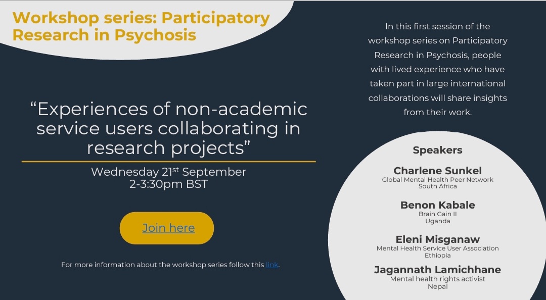 Webinar: Experiences of nonacademic service users collaborating in research projects 21st Sept 2022 at 2-3:30 UK time ZOOM LINK: us02web.zoom.us/j/88961090633?… #livedexperience #research #MentalHealth