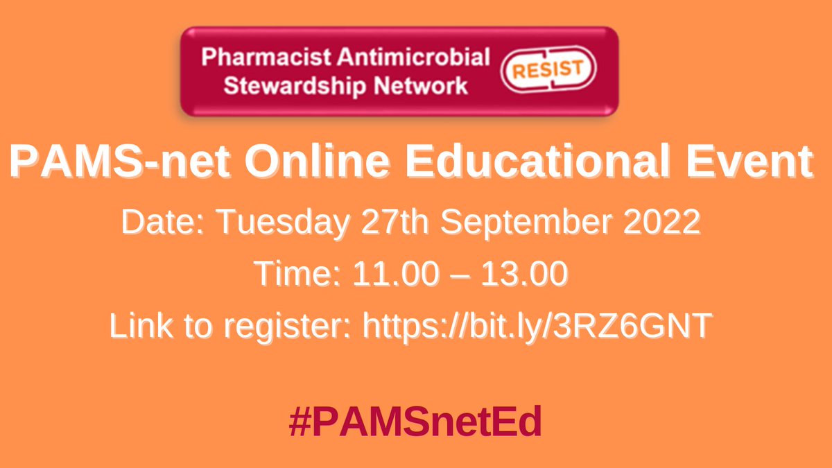 AntibioticPresc's tweet photo. The PAMS-net will host its first educational event on 27th September. All are welcome to join! Link to register: https://t.co/PcOZtbanP5 #PAMSnetEd @IIOPharmacy @IrishPharmacy @theHPAI @MedMgmtProg @Iapg_ie https://t.co/0ioeemExDi