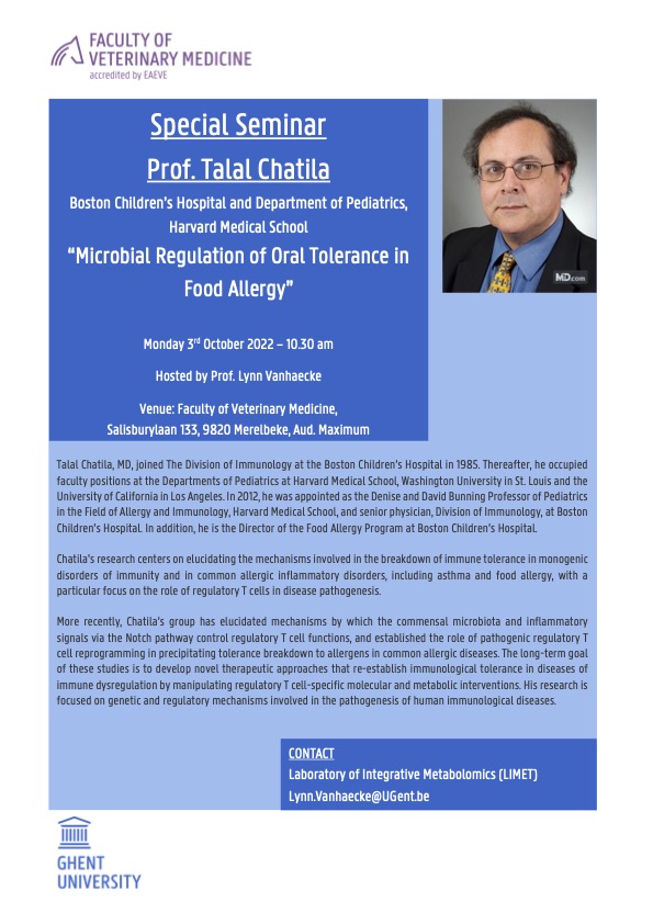 Lynn Vanhaecke (@ljvhaeck) on Twitter photo Excited to announce a ‘live’ seminar on 'Microbial Regulation of Oral Tolerance in Food Allergy' by Prof. Talal Chatila from <a href="/harvardmed/">Harvard Medical School</a> I'm hosting, who is visiting for the Ph.D. defense of <a href="/ellendepaepe/">EllenDePaepe</a> <a href="/FWOVlaanderen/">FWO</a> <a href="/ResearchUGent/">Ghent University Research</a>
Please register: webappsx.ugent.be/eventManager/e… Excited to announce a ‘live’ seminar on 'Microbial Regulation of Oral Tolerance in Food Allergy' by Prof. Talal Chatila from <a href="/harvardmed/">Harvard Medical School</a> I'm hosting, who is visiting for the Ph.D. defense of <a href="/ellendepaepe/">EllenDePaepe</a> <a href="/FWOVlaanderen/">FWO</a> <a href="/ResearchUGent/">Ghent University Research</a>
Please register: webappsx.ugent.be/eventManager/e…