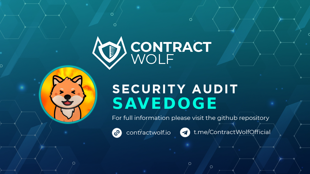 contractwolf_io's tweet photo. ContractWolf gladly announces the final report of smart contract audit for @SaveDogeDex 

Request a quote
https://t.co/yIBMxxr42G

Check the full report 
https://t.co/KWV5smSiCr

#ContractWolf #SmartContract #SecurityAudit https://t.co/vRMgSlDfV7
