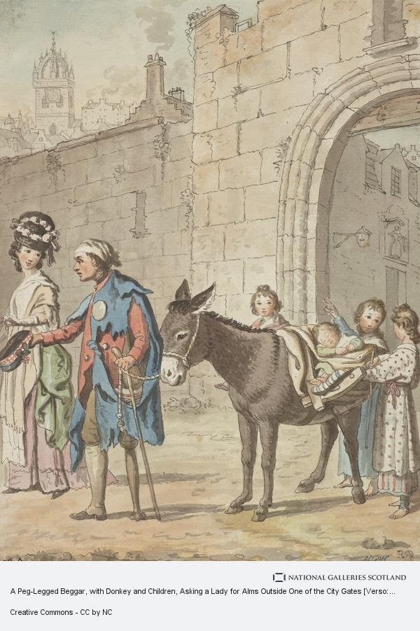 
David Allan, 1785ish, A Peg-Legged Beggar, with Donkey and Children, Asking a Lady for Alms Outside One of the City Gates