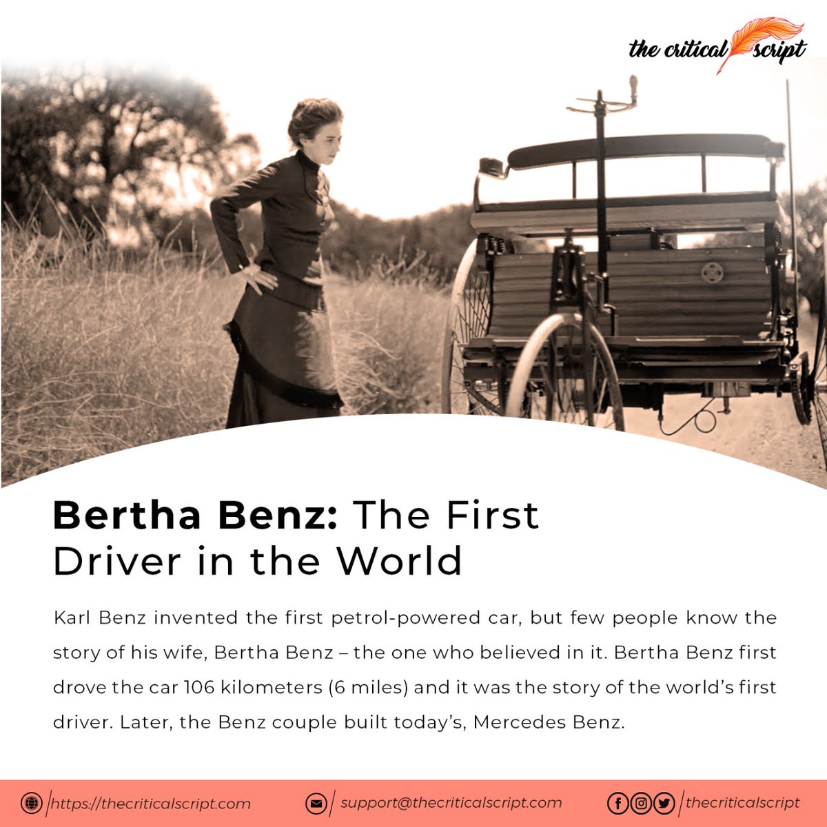 ScriptCritical's tweet photo. In August 1888, Bertha Benz drove with her two sons in the Patent Motor Car built by her husband Carl Benz. This first long-distance trip in the history of the automobile was a pioneering undertaking.

#firstdriver #automobilecar #benz #history #TheCriticalScript https://t.co/UilrrM8KBD