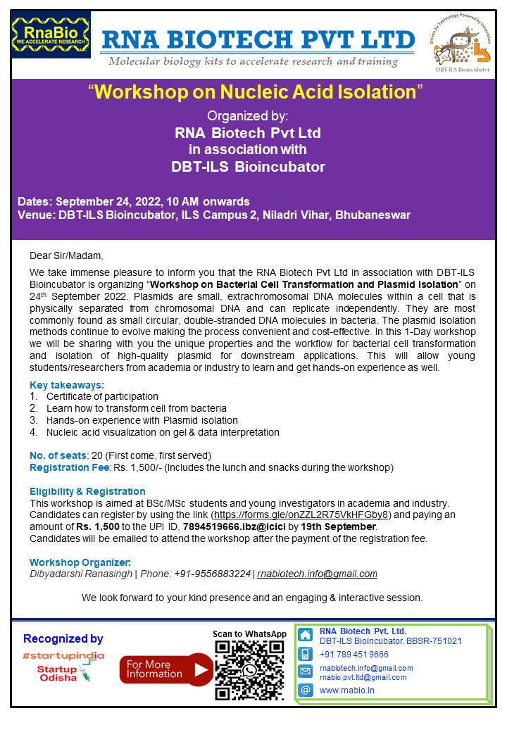 RNAbiotech's tweet photo. The last date has been extended up to 19th of September. Register here: https://t.co/YR8McMcP6B
. Feel free to reach out in case of any queries.
@DBT_ILS @dibyadarshi16
#RNABiotech #RNABiotech #PlasmidIsolation #Biotechnology #OneDayWorkshop #molecularbiology #genomics https://t.co/MAz5q4oEvp