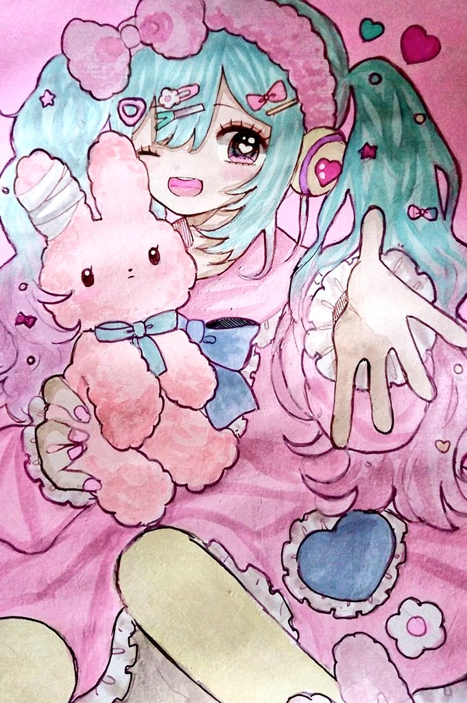 hatsune miku 1girl stuffed toy stuffed animal solo gradient hair twintails heart  illustration images