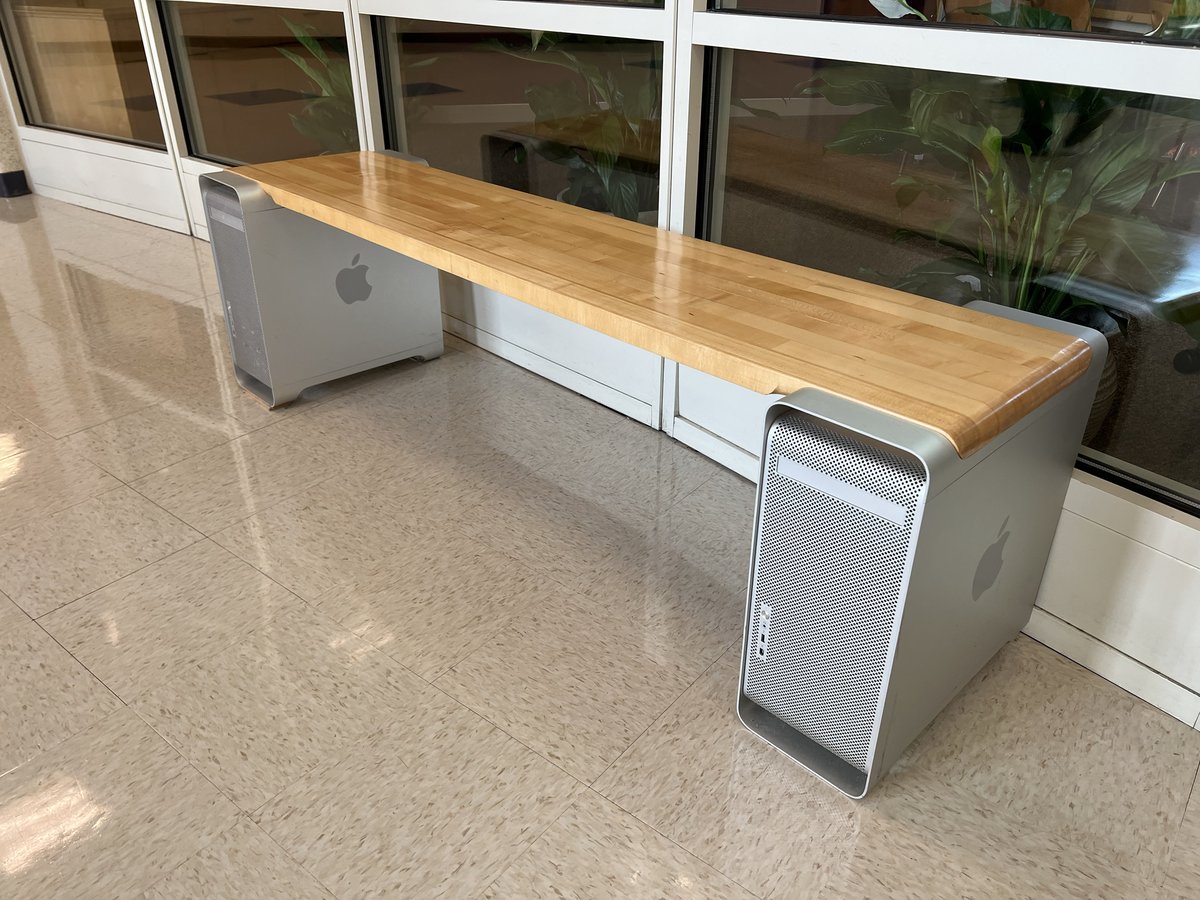 Seen at my kid’s school last night. Two PowerMac G5’s as a bench. I don’t know whether to laugh, cry, steal it, or copy it…