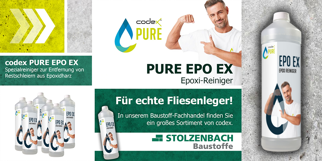 Für echte #Fliesenleger
PURE EPO EX - EPOXI-REINIGER 
Der Epoxi-Reiniger codex Pure Epo EX entfernt angetrocknete Epoxidharzschleier nach der Epoxiverfugung. #codex #Fliesen #handwerker