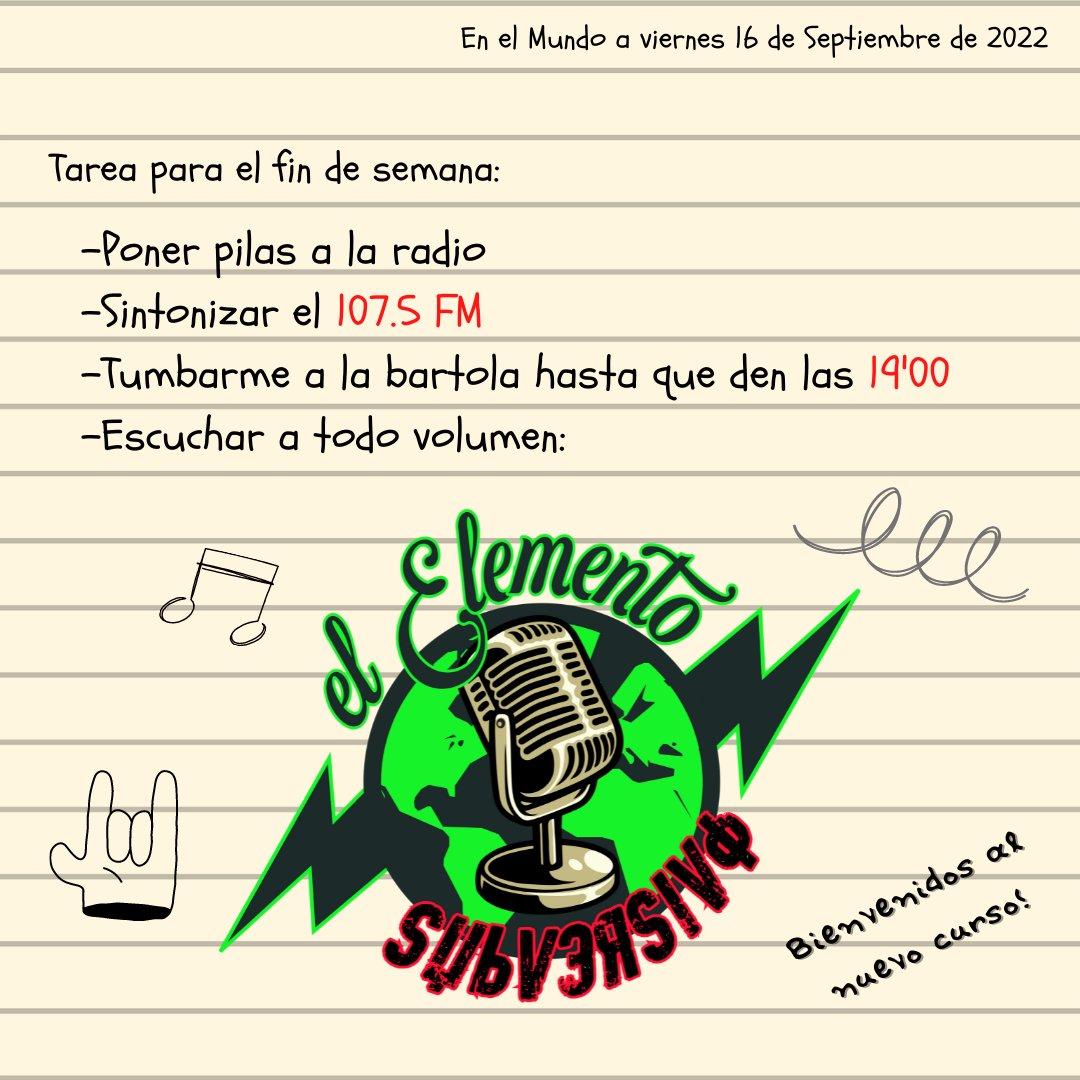 ¡Hoy empieza el nuevo curso!
La 2ª temporada de El Elemento Subversivo llega hoy a las 19'00 a <a href="/Radio_Enlace/">Radio Enlace</a> (radioenlace.org) con novedades. Entre otras éste nuevo logo "t'o wapo" obra de @SerchOHares. El de hoy, no es por nada, pero va a ser un programón. Dicho queda.