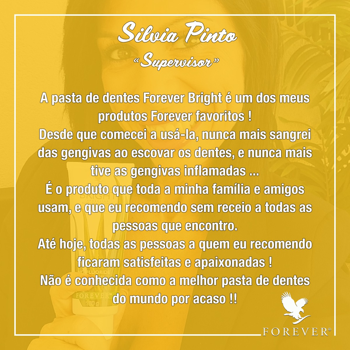 FLPPortugal's tweet photo. É um prazer saber que Silvia ficou satisfeita com a pasta de dentes Forever Bright. 😍💛
E tu, alguma vez experimentaste a nossa paste de dentes? 🤔
#Foreverportugal #Foreverliving #aloevera #foreverbright #toothgel #sorriso #dentes #smile https://t.co/dvumCn2q5H