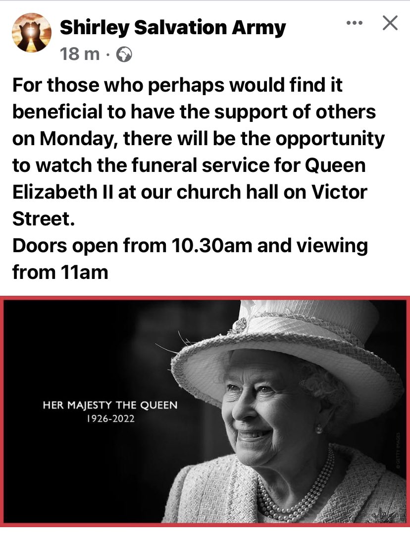 We are opening the hall on Monday for anyone who would not want to be alone to watch the funeral service for #QueenElizabeth