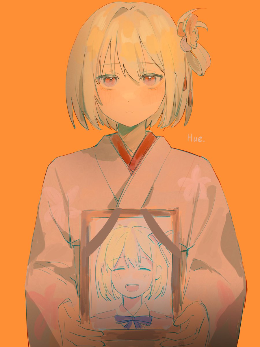 nishikigi chisato 1girl japanese clothes kimono solo short hair blonde hair holding  illustration images