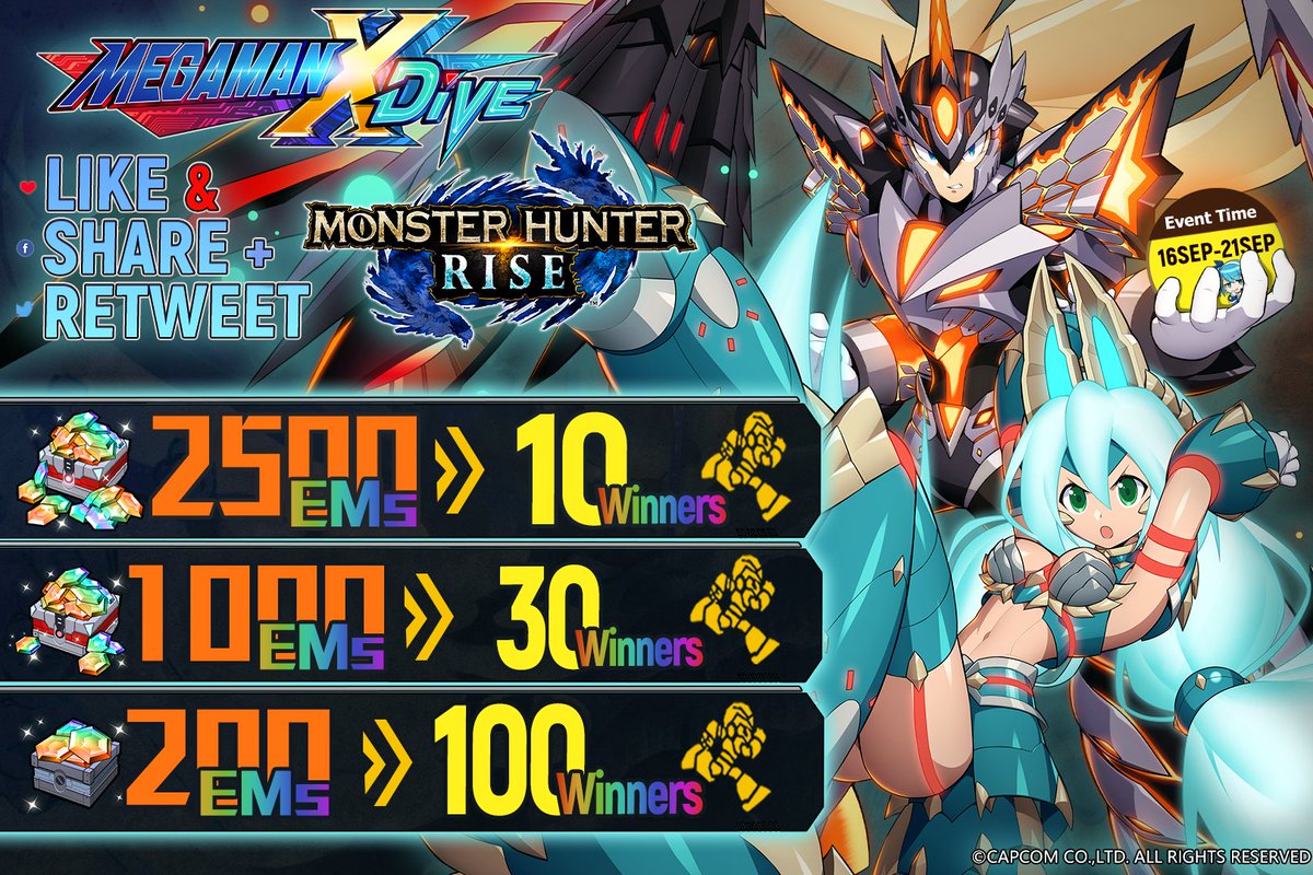 MEGAMANXDiVEMO1's tweet photo. 🔥Monster Hunter Rise Collaboration Part 2!🔥
📝Leave a comment with your👤PID to participate in 🎁the giveaway!
⚠️Don't Forget to Like+Share/Retweet!
140 random Players from the comments below will receive the EMs!
#MegaManXDiVE #MonsterHunterRise https://t.co/fRPGJPzirC