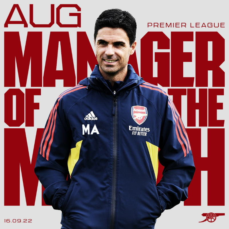 Arsenal's tweet photo. A strong start rewarded.

🏆 @M8Arteta has been named the @PremierLeague Manager of the Month!

Let's keep pushing forward - together ✊