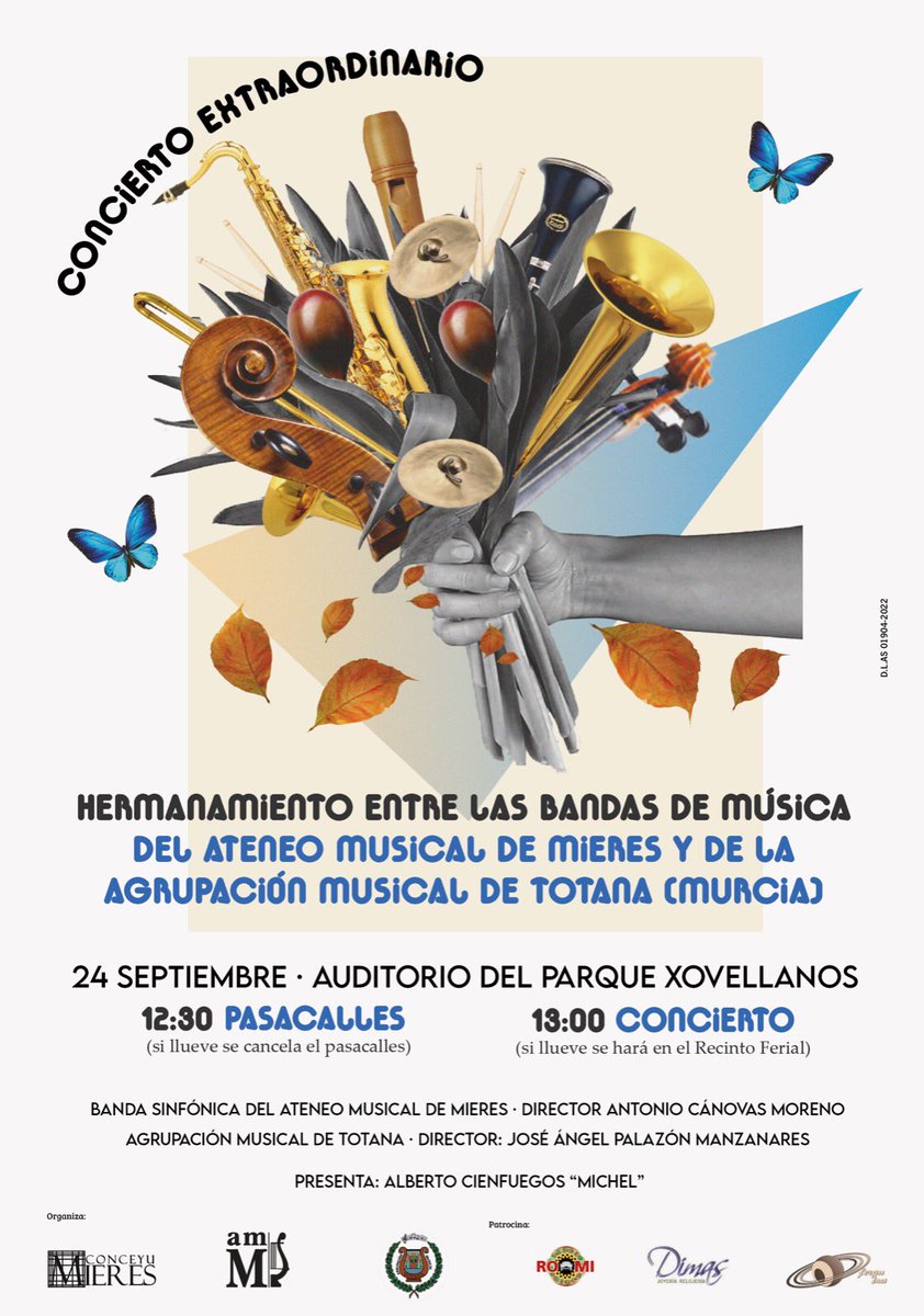 BandaMusMieres's tweet photo. Estrenamos temporada con Conciertazo!!
🗓24 de Septiembre 2022
📍Parque Jovellanos ( si llueve se hará en el Recinto Ferial)
⏰12:30
Acompañados de nuestros amigos murcianos de @amustotana
Os esperamos!!!
#yosoydelateneo #mieres #asturias #totana #tubanda #concierto https://t.co/kOr2w3Slpg
