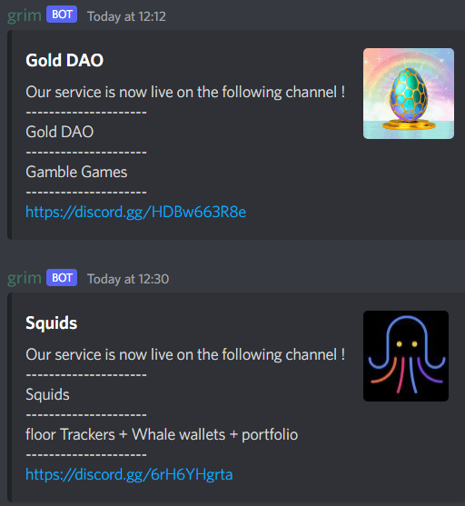 our bot is live on 2 channels now,!
want to have a Gaming bot / Custom Bot on your channel ? join Grims playground "link in bio" or open a DM ! 
#SOL #Solana #ETH #Discord #NFT #NFTs #NFTCommuntiy