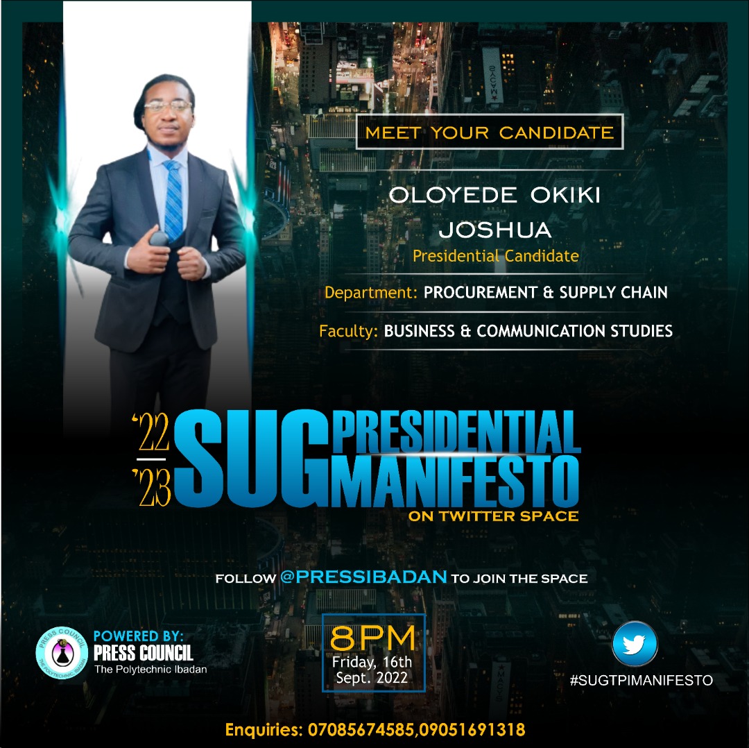 PressCouncil_'s tweet photo. Greatest Polyites, THEY ARE READY❗🥳

They are ready to speak 💯and show you they are capable to be your next President😋

Be there and ask intelligent questions that will keep them thinking❗

#SUGTPIMANIFESTO #Polyibadan #NigerianStudents https://t.co/xUy6FDzsls