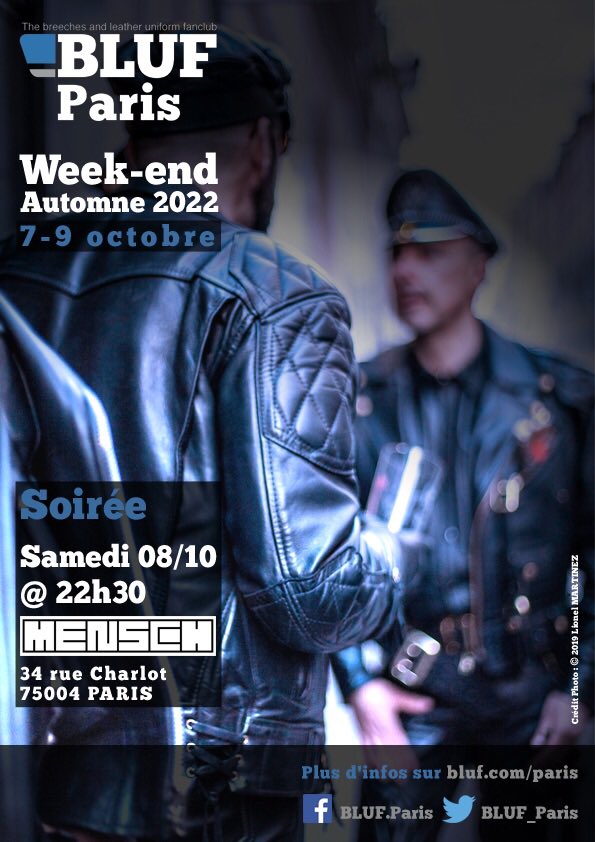 Le_Mensch_Paris's tweet photo. Soirée BLUF au @Le_Mensch_Paris en association avec @BLUF_Paris
8 octobre 2022 @ 22 H 30 !
Dress code CUIR LEATHER !!!
RT & Like !
#leather #cuir #leathermen #mecencuir #gayleather #hardleather #leatherfetish #gaysexclub #gaycruisingbar https://t.co/GsE01MLHvp